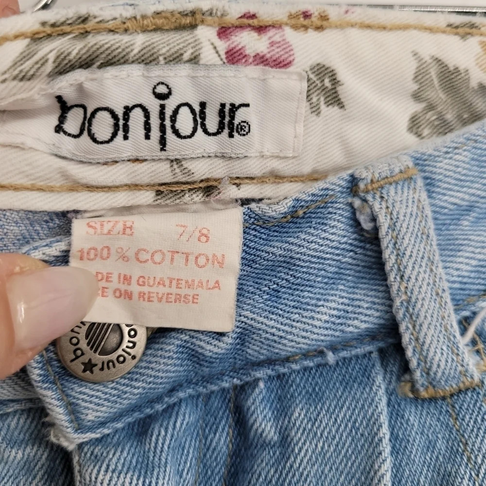 bonjour vintage light denim fabric stitch on patches mom jeans size 7 / 8 - Picture 3 of 9